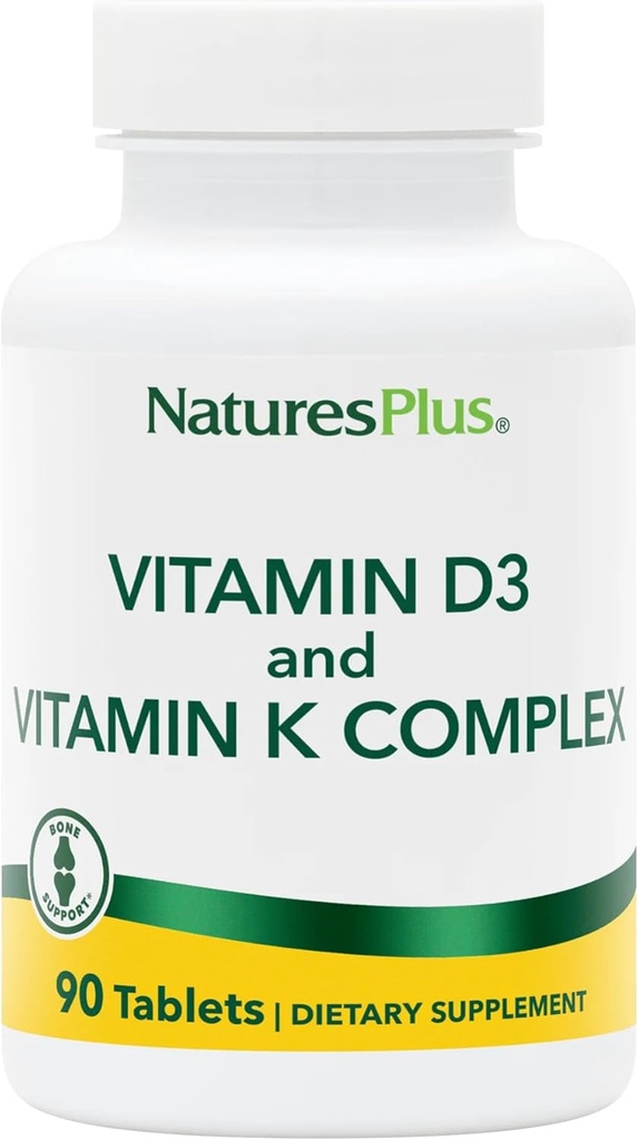 Natures Plus Vitaminas D3 &amp; K2-90 Tablets - Promueve soporte de bonificación, función inmune, salud cardiovascular &amp; equilibrio de humor - Vegetariano, Gluten Gratis - 90 Servings