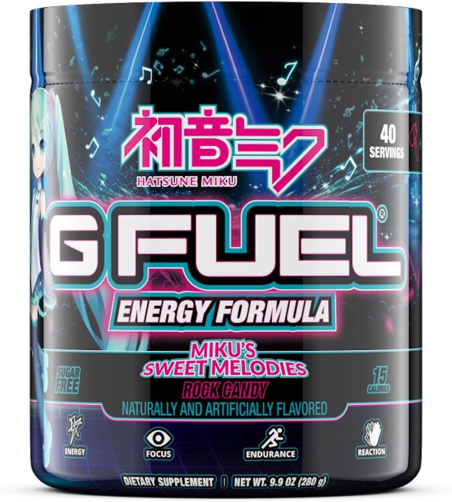 G Fuel Sweet Melodies Hatsune Miku Energy Drink Powder, Pre Workout Caffeine Mix for Gaming, Sugar Free Focus Amino, Vitamina + Antioxidantes, 9.9oz (Rock Candy, 40 Servings)