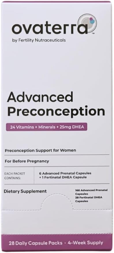 Ovaterra Advanced Preconception Vitaminas para Mujeres con DHEA 25mg, Choline 550 mg, Folate (Methylfolate) 1,010 mcg, Omega-3 DHA &amp; EPA 196 Capsules - 28 Day Supply