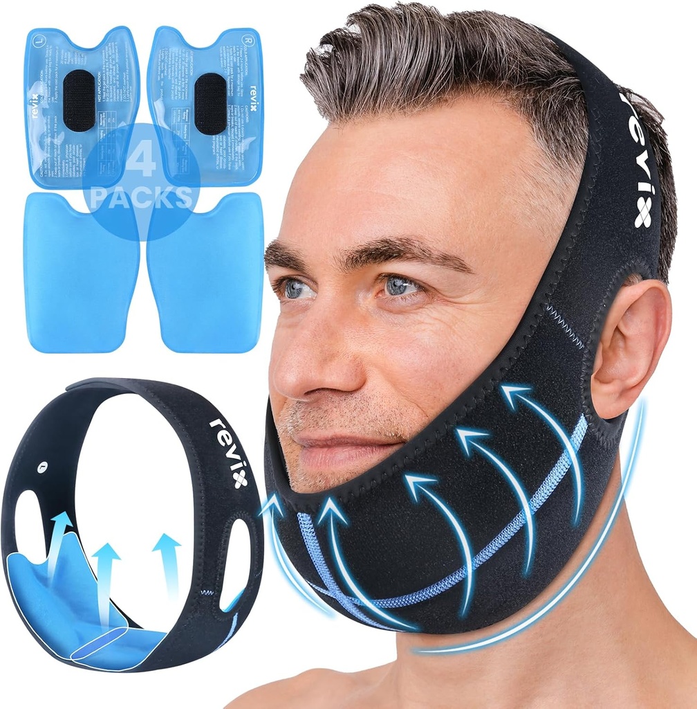 REVIX Tejido de Sabiduría Tejido Agarre de cabeza con mandíbula de costura 3D para cirugía facial Oral Dolor de dolor para TMJ, extracción de dientes " Quitado extra, con 4 Hot Cold Gel Packs Reutilizables, Negro
