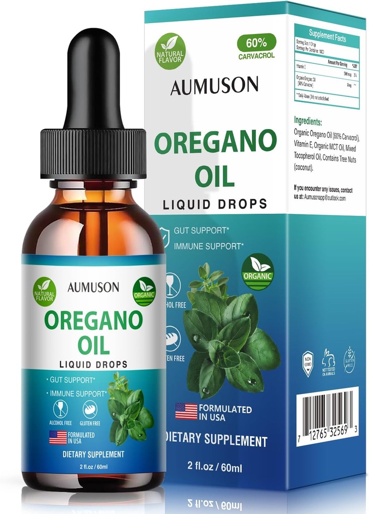Oregano Aceite gotas líquidas con Carvacrol,Vitamin E - 6 Mes Aceite de suministro de orégano gotas Tintura Extracto, Cleanse, Detox, Immune Support, Digestive Gut Health - Pure Vegan Herbal Oregano Oil 2oz