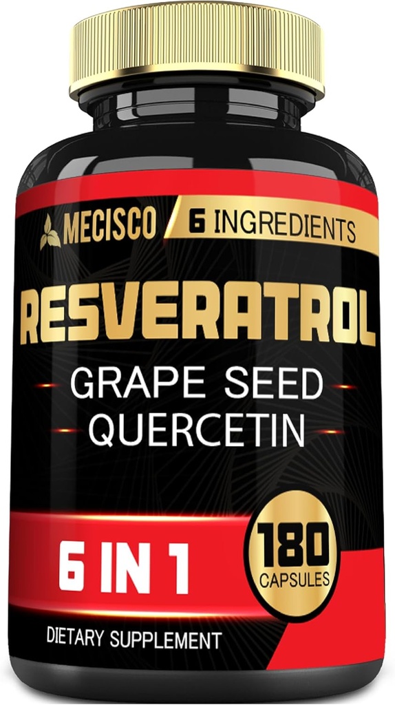 6in1 Suplemento Trans Resveratrol con semillas de uva, cardo de leche y más - Resveratrol 1000mg - Apoyos para el sistema inmunológico, salud cardíaca, manejo corporal - 180 cápsulas