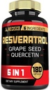 6in1 Trans Resveratrol Supplement with Grape Seed, Milk Thistle, and More - Resveratrol 1000mg - Supports for Immune System, Heart Health, Body Management - 180 Capsules