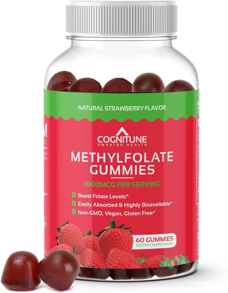 CogniTune Methylfolate Gummies - Easy to Take High Potency L-Methylfolate, Folate Supplement for Brain, Heart Health &amp; Immunity, Delicious Strawberry Flavor, Non-GMO, Vegan, Gluten-Free