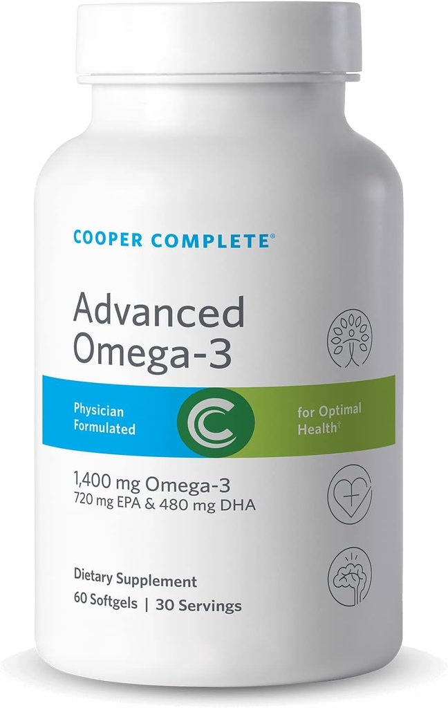 Cooper Complete - Advanced Omega 3 - Fish Oil Supplement, Concentrated EPA + DHA Omega-3 Fatty Acids 1400 mg - 60 Softgels por botella. Paquete de 4