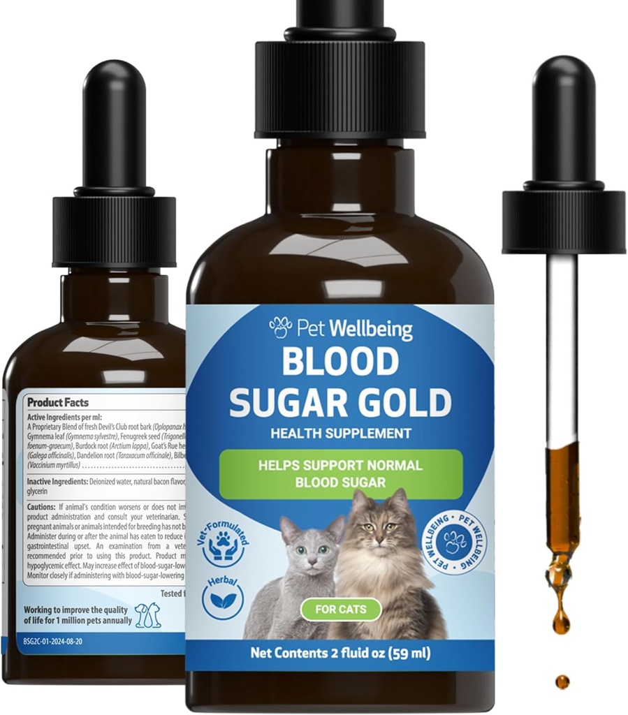 Bienestar de mascotas - Sugar de sangre oro para gatos - Apoyo natural para los niveles de azúcar de sangre saludable en gatos diabéticos - Estabilización de la insulina " función pancreática normal - 2 oz (59 ml)