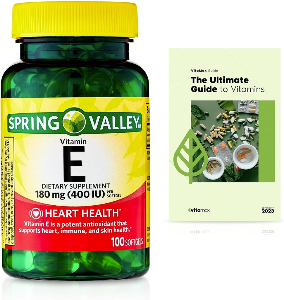 Spring Valley Vitamina E Heart Health Suplemento dietético Softgels, 180 mg (400 UI), 100 Cuenta + Exclusiva VitaMax Guía de la Vitamina (2 Artículos)
