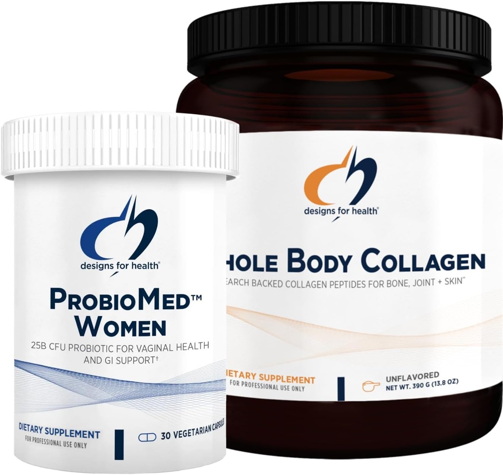 Diseños para la salud Collagen Powder " Women's Probiotic Bundle - ProbioMed Women (30 capsules) Gut Health " Vaginal Support Probiotic with Whole Body Collagen (390g) Peptides for Bones, Joint " Skin