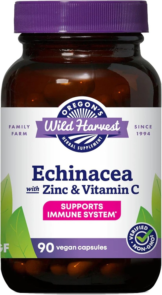Echinacea de cosecha silvestre de Oregon con capsulas de zinc y vitamina C, 90 conde
