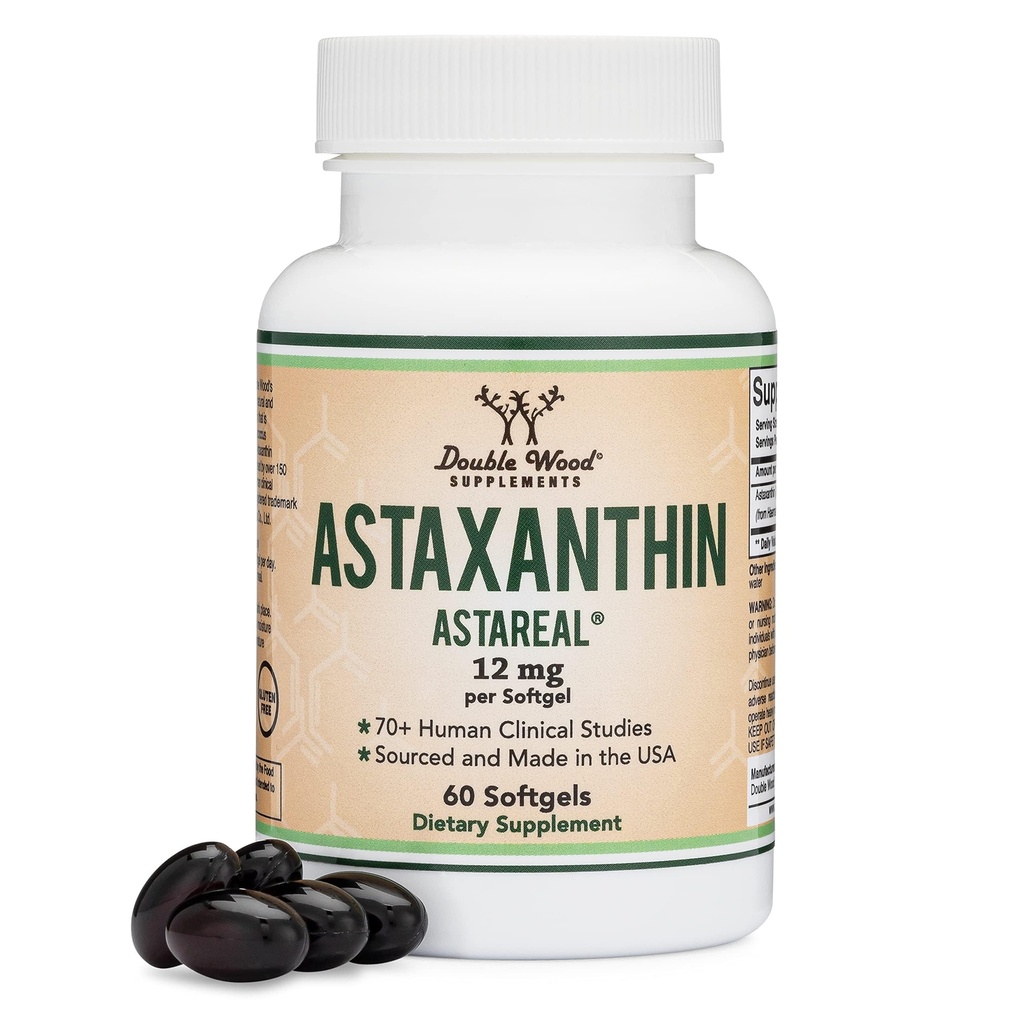 Astaxanthin - Triple Strength 12mg (Only Patented Astaxanthin (Astrareal) with 70+ Human Clinical Trials) Grown, Harvested, and Made in The USA (Astaxantina) by Double Wood