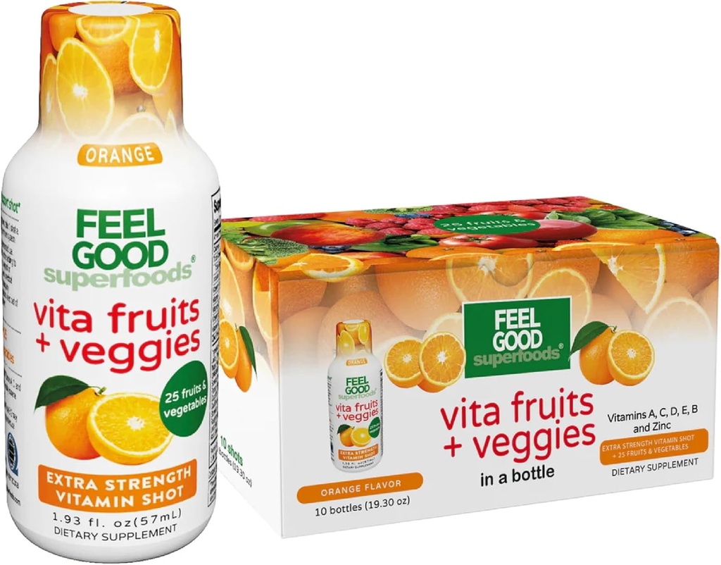 FeelGood Superfoods Vita Fruits and Veggies Immune Support Shot Supplements, Orange Flavor, Pack of 10 Immunity Shots, Immune System Booster Drink Made with 25 Organic Fruit & Vegetables