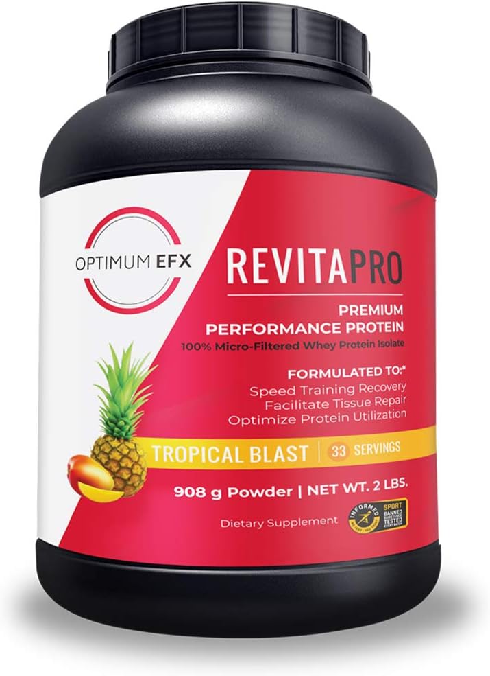 RevitaPRO, Proteína Premium Performance, 100% Micro-Filtered Whey Protein Isolate, Naturalmente Endulzado, No Soy, Cero Añadido Azúcar, Cero Ingredientes Artificiales -2 Libra (Bolsa Trópica)