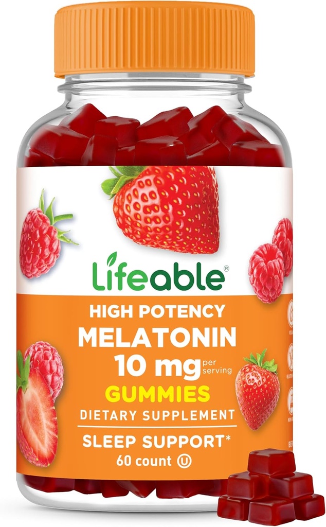 Melatonina salvavidas 10 mg – Gran Tasting Natural Flavor Gummy Suplemento – Gluten Free Vegetarian GMO-Free Chewable – para la ayuda de la caída del agua y el mantenimiento del agua – para adultos, hombre, mujeres – 60 años