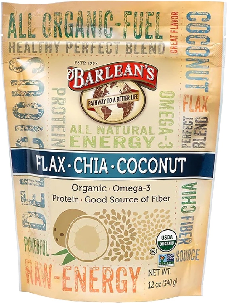 Flax Orgánica de Barlean Chia Camiseta de coco con 2,330 mg Omega 3 ácidos grasos, Suplemento de fibra con semillas enteras de chia y linaza molida, 12 oz