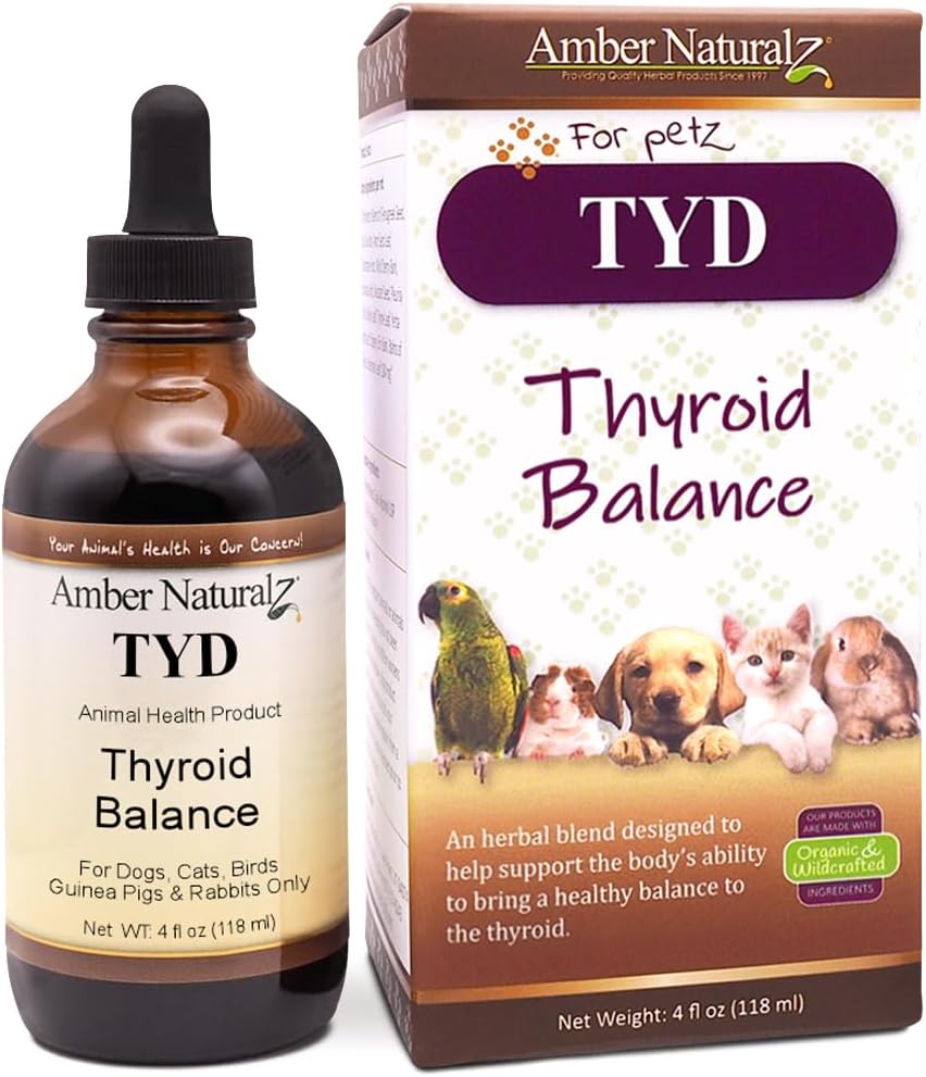 Amber NaturalZ TYD Thyroid Balance Herbal Suplemento para Perros, Gatos, Aves, Películas de Guinea y Conejos ← Herbal Pet Suplemento para la Salud Tiroidea TEN 4 Fluid Ounce Glass Bottle Ø Manufactured in The USA