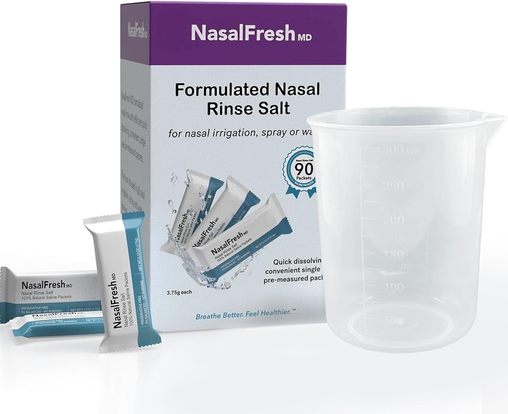 NASALFRESH MD - Saline Packets - Dissolving rápido - Uso único - Premeditado - Nasal Irrigation - Afectado individualmente (3.75g/1.3oz) - 90 Conde Rellen Packets - 300mm Cup