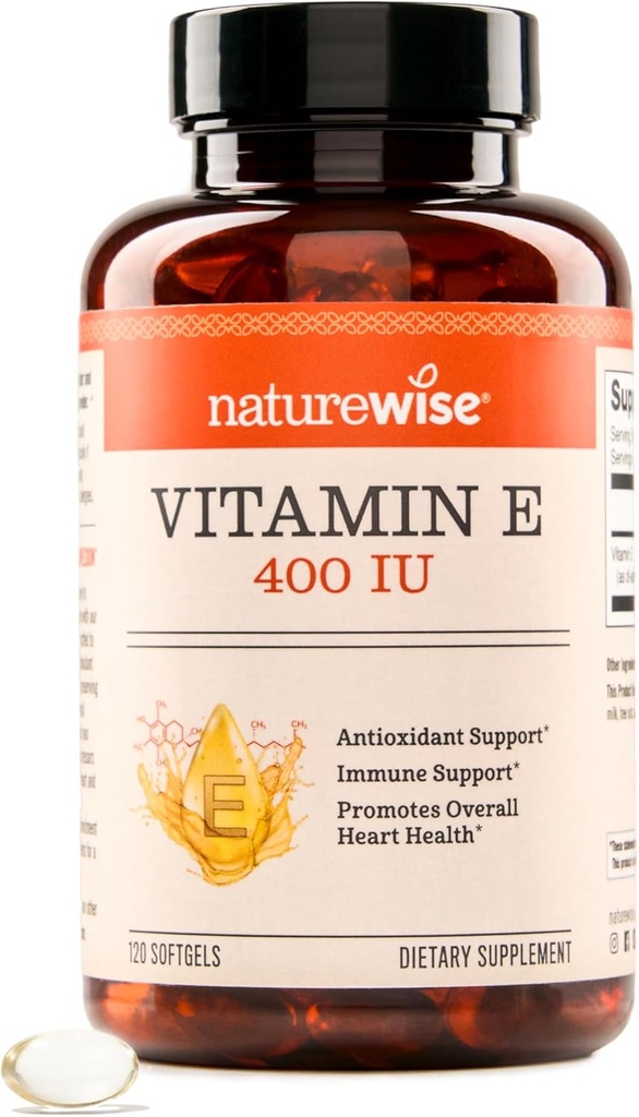 NatureWise Vitamina E 400 U Softgels (180mg DL-Alpha) - Dairy, Gluten &amp; Soy Gratis - Suplemento dietético Antioxidante-Rich para la piel, el corazón y el apoyo a la salud inmune - Suministro de 4 meses, 120 Conde