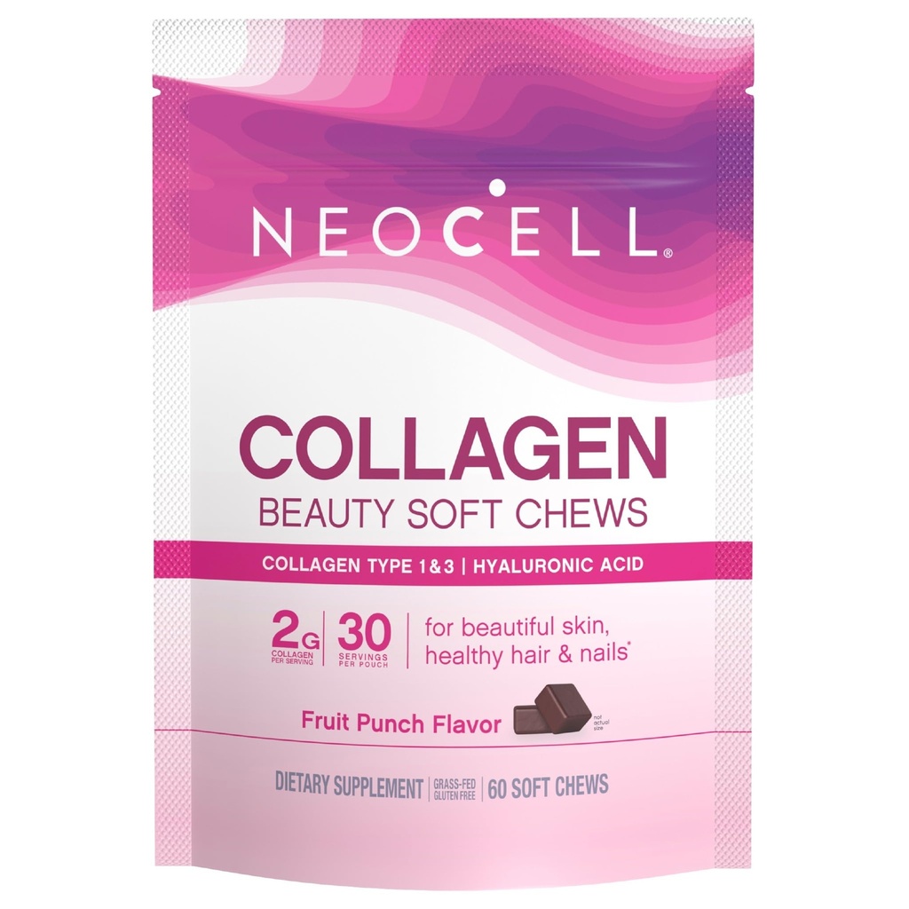NeoCell Collagen Beauty Soft Chews with Vitamin C and Hyaluronic Acid, For Hair, Skin and Nail Health, Fruit Punch, Soft Chews, 60 Cuenta, 1 Bolsa