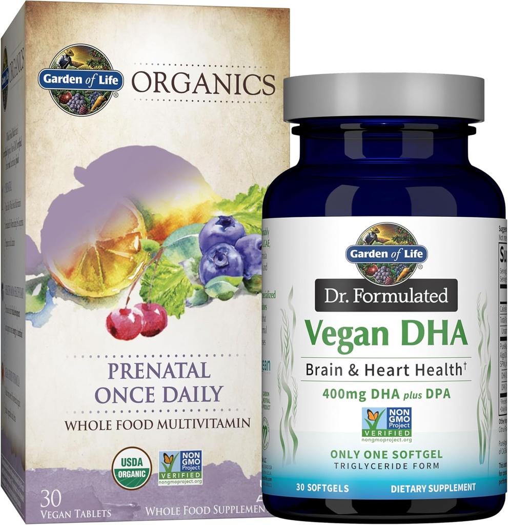 Jardín de Vida Una vez Daily Vegan DHA + Prenatal Multi Bundle: Dr Formulated Vegan DHA 30 Softgels + Orgánicos Prenatal Once Daily Multivitamins with Folate for Women’s Prenatal Health, 30 Tablets