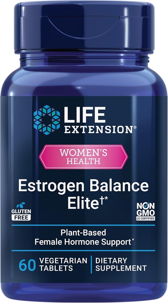 Extensión de vida Estrógeno Balance Elite, Menopause Support Supplement, Hormone Balance, Hot Flashes, Night Sweats, Vaginal Dryness, Gluten-Free, Non-GMO, Vegetarian, 60 Tablets.