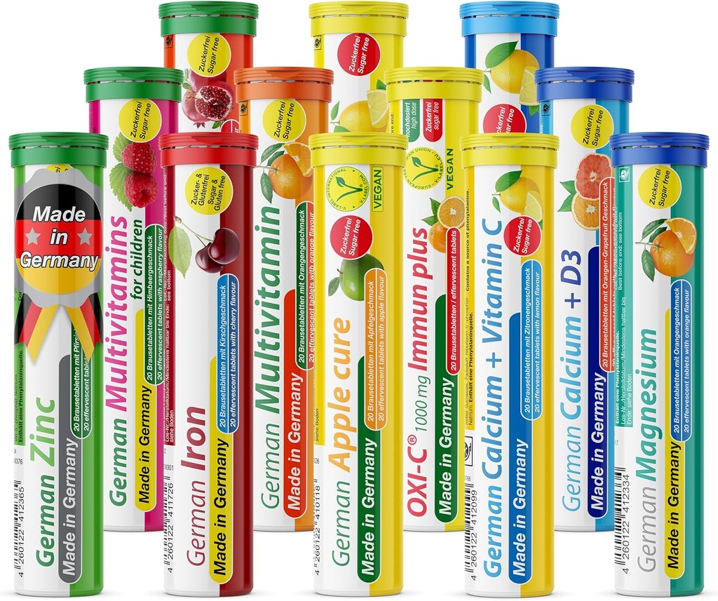 T CUMPL Vitamina Alemana, Minerales - 240 Vegan/Vegetarian Bebida Effervescent Tablets - Caja de sabor de frutas mezcladas - Hecho en Alemania