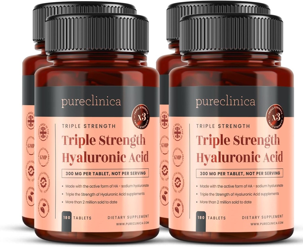 pureclinica Triple Strength Hialuronic Acid 300mg x 720 Tablets (4 Botellas de 180) - 2 Años de suministro