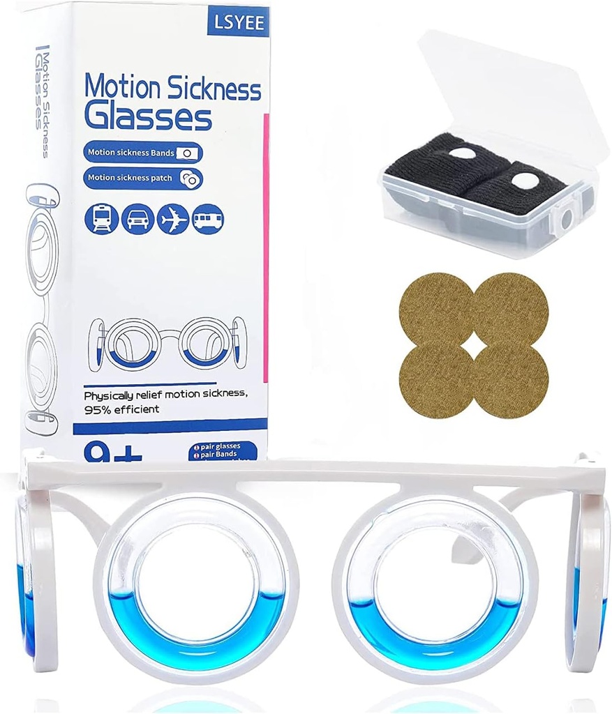 Anti- Motion Sickness Glasses,Motion Sickness Bands(Random Color),Motion Sickness Patch,Antiemetic,Three in One Package for Adults or Kids