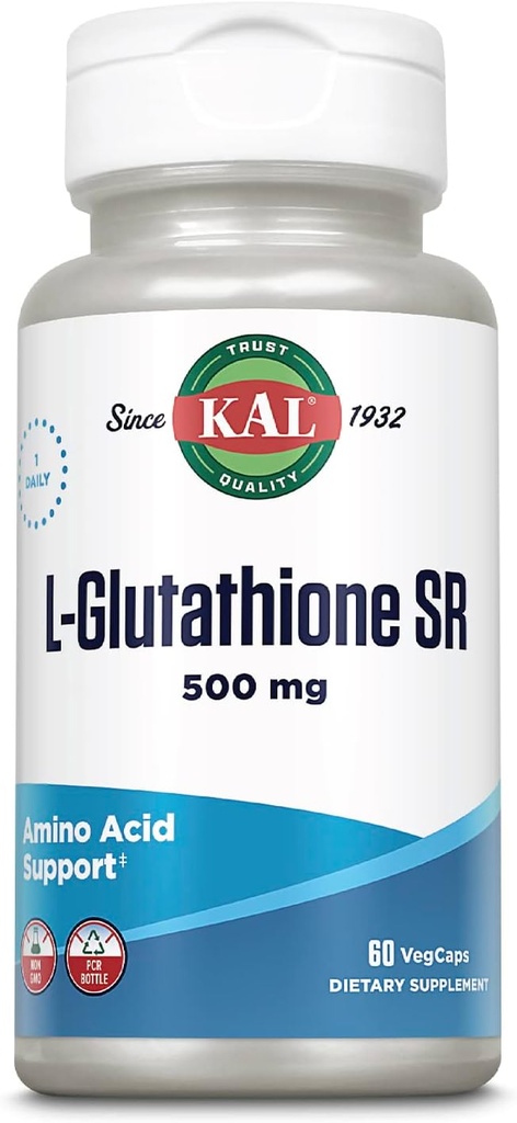 KAL L-Glutathione SR, Suplemento de Glutathione reducido, Suplemento Antioxidante de alta absorción, Garantía de 60 días de laboratorio verificada, 60 prestaciones, 60 VegCaps