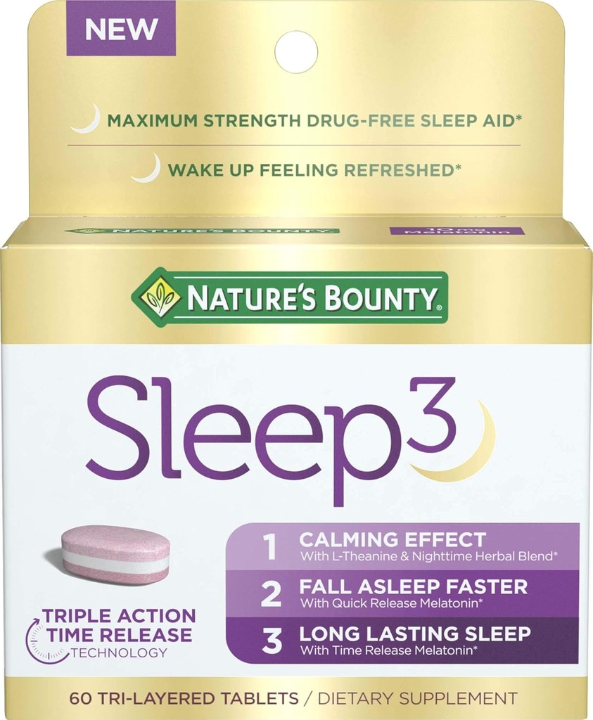 Bounty Sleep3 Melatonin 10mg, Maximum Strength 100% Drug Free Sleep Aid, Dietary Supplement, L-Theanine & Nighttime Herbal Blend Time Release Technology, 60 Tri-Layered Tablets