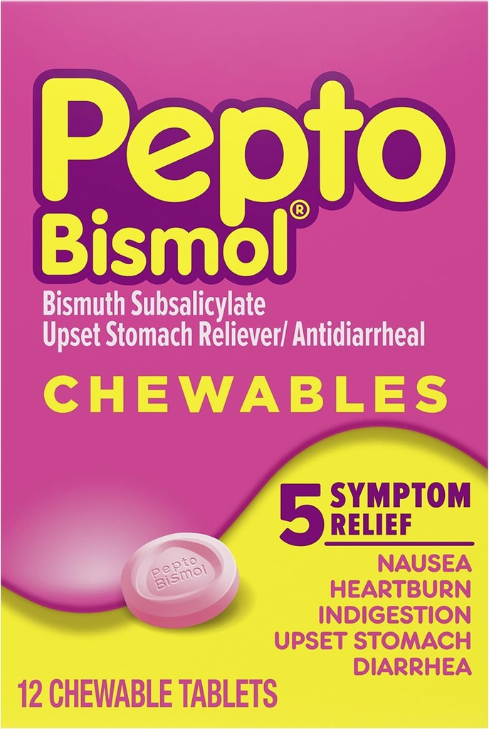 Pepto Bismol Chewable Tabletas para Nausea, Heartburn, Indigestión, Upset Stomach y Diarrea - 5 Symptom Fast Relief, Original Flavor 12 ct