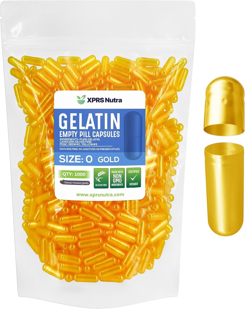 XPRS Nutra Size 0 Empty Capsules - 1000 Count Empty Gelatin Capsules - Pills DIY Capsule Filling - Pure Bovine Pill Gel Caps for Do-It-youself Supplements (Gold)
