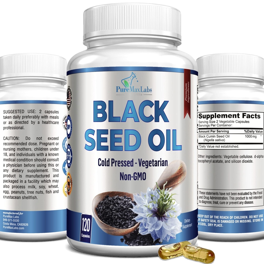 Aceite de semilla negra prensada en frío - 120 cápsulas, Premium Nigella Sativa Puro aceite de semilla de comino negro con vitamina E, para el cabello, la piel &amp; la salud inmunitaria - no GMO 120 cápsulas