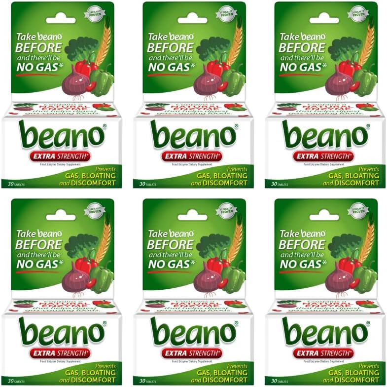 Beano Extra Strength, Digestive Enzyme Supplement, Prevents Gas, Bloating and Discomfort (Packaging May Vary) 30 Cuenta cada uno (Pack of 6)