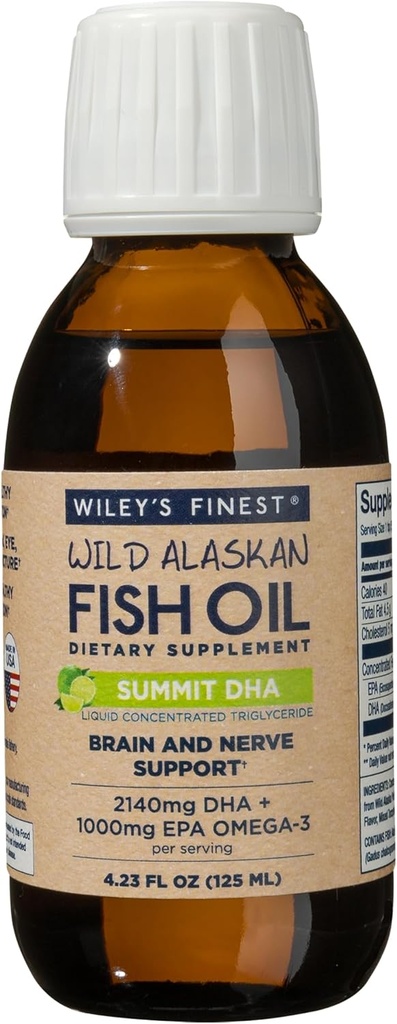 Wiley's Finest Wild Alaskan Fish Oil Summit DHA Liquid - 2140mg de DHA y 460mg de EPA Omega-3s - Citrus Flavored Liquid Supplement - 4.23 Oz (25 Servimientos)