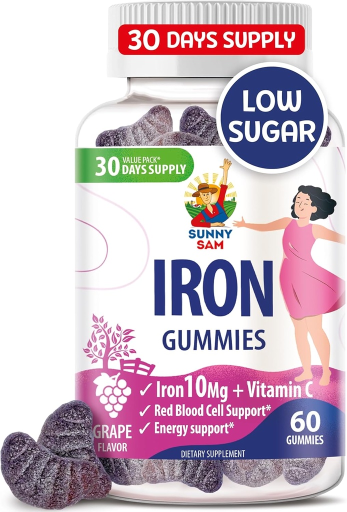 SUNNY SAM Iron Gummies for Kids &amp; Adults - Vitaminas de hierro con vitamina C, 10 mg por ser - Chewable Fruit Gummy for Immune Support Red Blood Cell Production