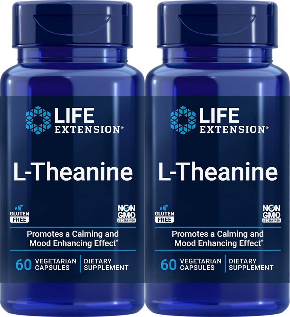 Extensión de vida L-Theanine, 60 cápsulas vegetarianas (Pack of 2) - Aminoácidos derivados del té - Gluten-Free, Non-GMO
