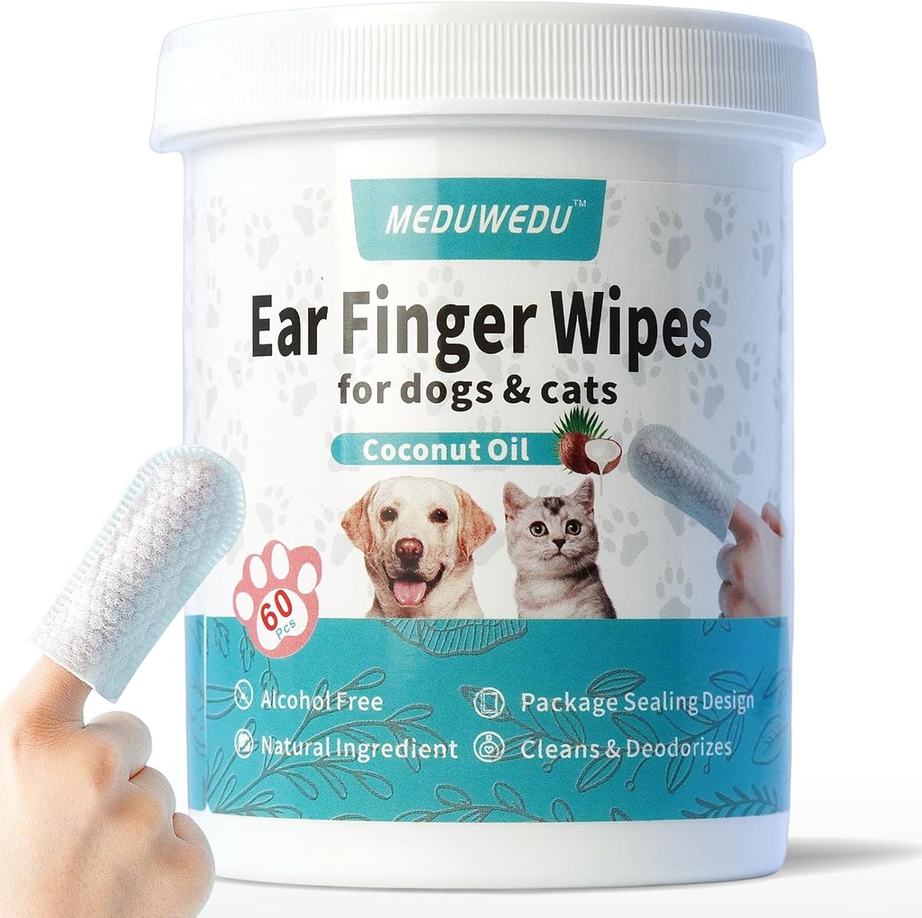 Limpiador de oídos Wipes 60 Condes, Limpiador de oídos de perros, Kit de novios para perros y gatos, Soft &amp; Easy Otic Cleaning Pads, Remove Wax, Dirt & Stop Smelly, Itchy, No irritante, Escena de coco