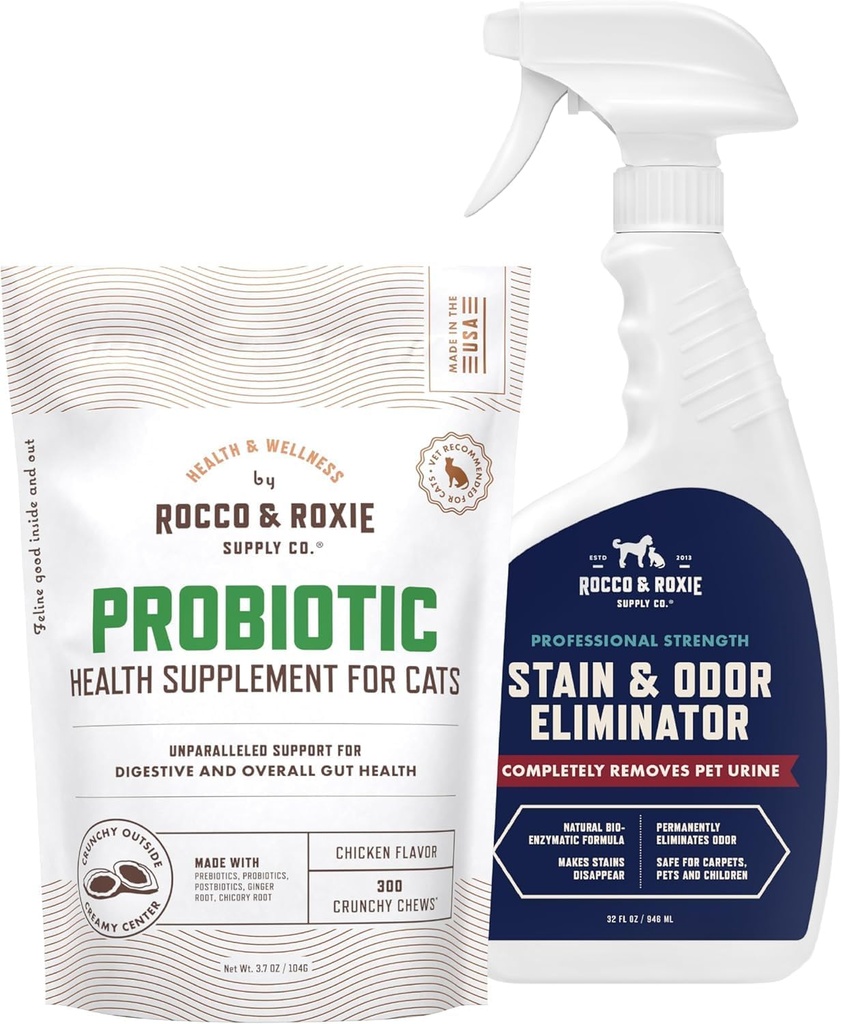 Rocco &amp; Roxie Cat Probiotic Supplements " Stain " Odor Eliminator Bundle