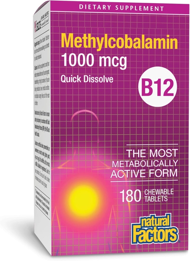 Factores naturales, Vitamina B12 Methylcobalamin 1.000 mcg, ofrece la forma más activa metabólicamente de B12, Tablas de disolver rápido