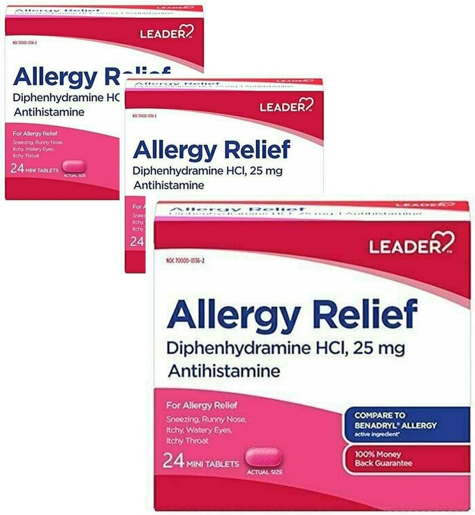 Líder antihistamínico Alivio de la Alergia Diphenhydramine HCl, 25 mg Mini Tabletas, 24 Conde Pack de 3