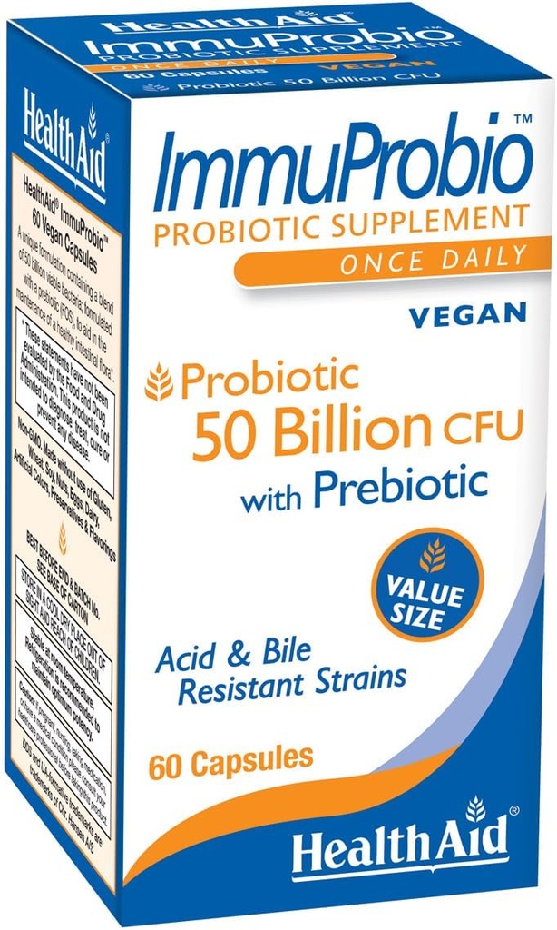 HealthAid ImmuProbio 60 Caps - 50 Billion CFU with Prebiotic, Once Daily, Acid & Bile Resistant Strains, Vegan
