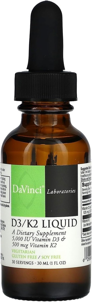 DAVINCI Laboratorios D3/K2 Líquido - Vitamina Líquida D &amp; Vitamina K Suplemento de Bone Health, Heart Support &amp; Calcium Absorption - 30mL (30 Servimientos)
