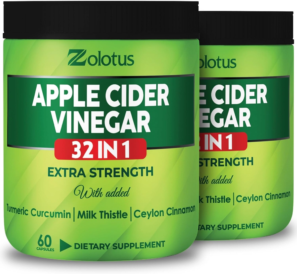 Zolotus Apple Sider Vinegar Capsules 32in1, con Turmeric, Cinnamon, Milk Thistle, Berberine, Elderberry, Quercetin - (2 Packs) 60 cápsulas