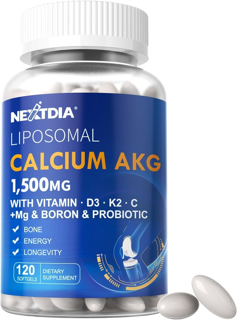 Liposomal Calcio AKG Suplemento 1500mg con Vitamina D3 & K2 Softgels para Hombres Alta AbsorciónCalcium Suplementos con Magnesium Glycinate, Boron, Probióticos & Vitamina C para el Hueso - 120 Píldoras