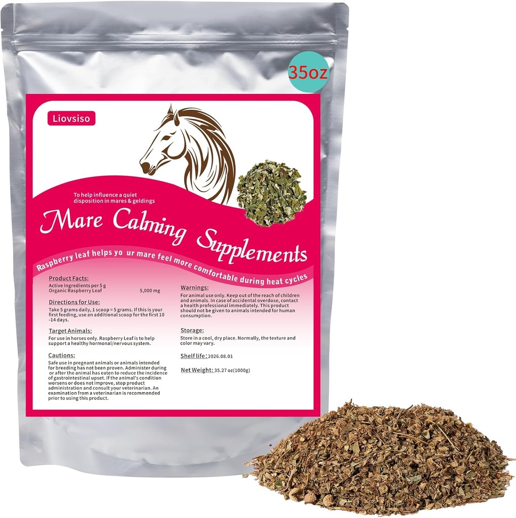 Suplemento de calma del caballo Hoja de frambuesa natural 35 OZ- Alivia la ansiedad, la irritabilidad y el malestar en los mares durante los ciclos de calor - también mágico adecuado para las inclinaciones