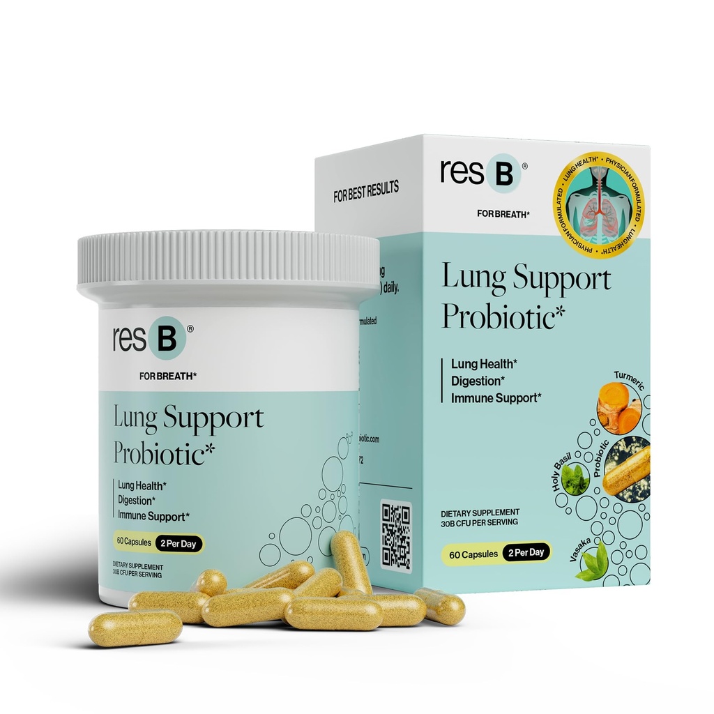 ResB Lung Support Probiotic Supplement - Lung Health Supplement for Smokers, Gut Health, Immune &amp; Digestive Support, Respiratory Care, Holy Basil & Turmeric, Clinically Trialed - 60 Capsules