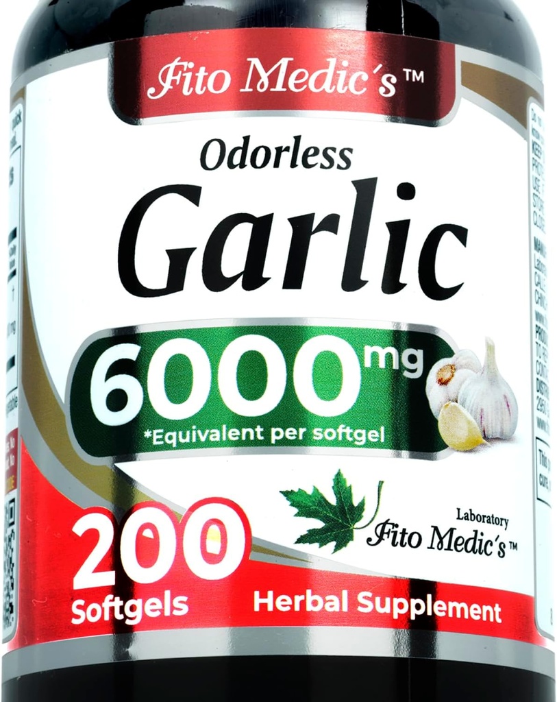 FITO MEDIC'S Lab TENIDO Suplementos de ajo TENIDO Píldoras de ajo TENIDO Ajo sin olor TENIDO 200 Softgels