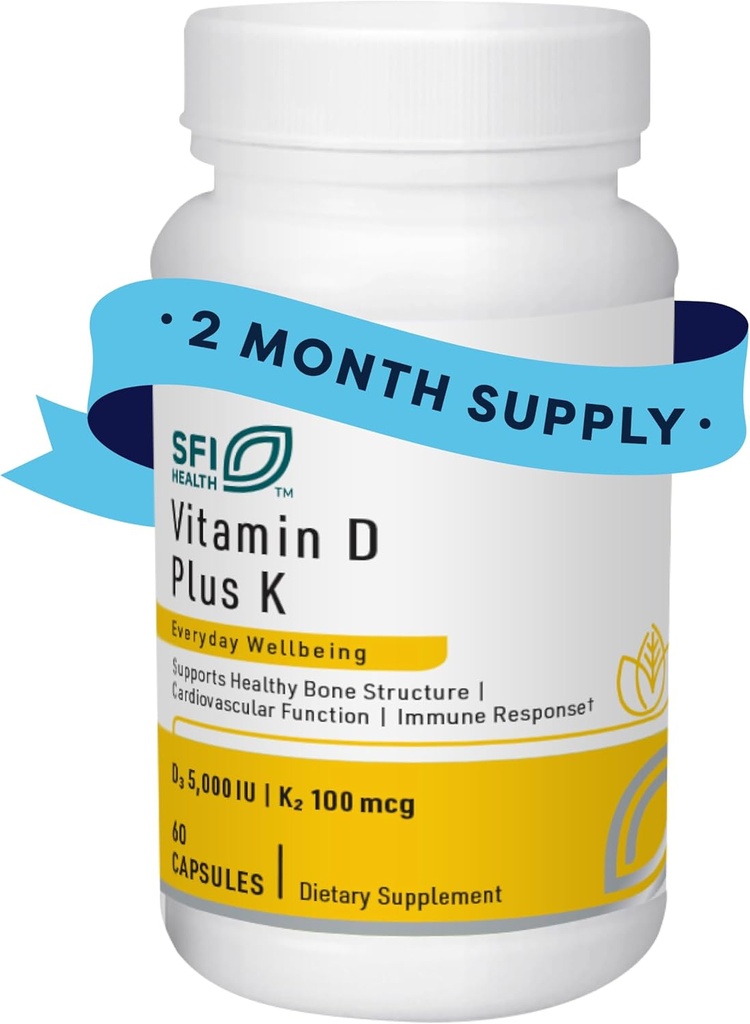Klaire Labs SFI Health Vitamin D Plus K - Bioavailable Vitamina K2 D3 Suplemento para Bone &amp; Immune Support - Cada cápsula entrega D3 5000 iu & K2 100 Mcg (60 cápsulas)