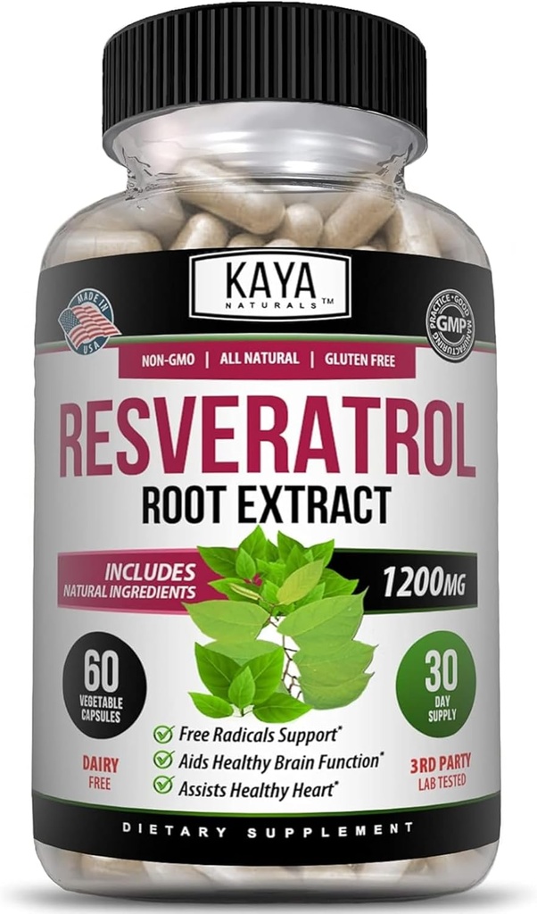 Kaya Naturals - cápsulas de resveratrol - Suplemento Anti envejecimiento - Antioxidantes con soporte cerebral - Beneficios máximos - 60 cápsulas de verduras