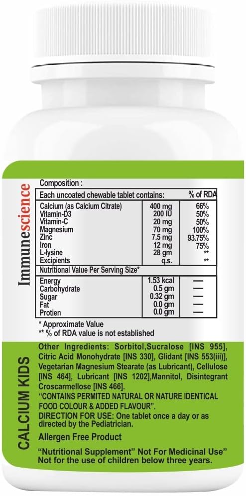 Calcio Verem para niños con vitamina D3 (VIT d), Magnesio, Suplemento Zinc, Vitamina C, L-lysine Multivitamínico para niños Huesos fuertes, inmunidad, crecimiento y desarrollo- 120 Tabletas (Pack of 4)